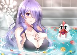 Rule 34 | 1girl, bikini, bird, blush, breasts, camilla (fire emblem), chicken, cleavage, fire emblem, fire emblem fates, hair over one eye, large breasts, long hair, nail polish, name connection, nintendo, purple eyes, purple hair, rooster, smile, solo, swimsuit, the-sinner, very long hair, water, wavy hair
