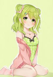 Rule 34 | 1girl, aged up, bare shoulders, blush, breasts, camisole, cardigan, cleavage, closed mouth, collarbone, double bun, green eyes, green hair, hair bun, hair ornament, hairclip, highres, jewelry, long hair, looking at viewer, medium breasts, morinaka kazaki, necklace, nemun (tamizzz), nijisanji, open cardigan, open clothes, sitting, smile, socks, solo, striped clothes, striped socks, virtual youtuber