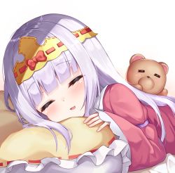 Rule 34 | 1girl, :d, aurora sya lis kaymin, bed sheet, blush, blush stickers, bow, brown background, closed eyes, commentary request, dress, frilled pillow, frills, gradient background, headpiece, juliet sleeves, long hair, long sleeves, mannack, maou-jou de oyasumi, open mouth, pillow, pink dress, puffy sleeves, red bow, ribbon trim, silver hair, sleeping, sleeves past wrists, smile, stuffed animal, stuffed toy, teddy bear, teddy demon, upper body, very long hair, white background, wide sleeves