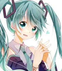 Rule 34 | 1girl, aqua eyes, aqua hair, bracelet, detached sleeves, hatsune miku, heart, ichirugi, jewelry, long hair, looking at viewer, necktie, simple background, solo, twintails, vocaloid, white background
