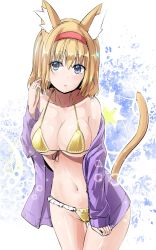 Rule 34 | 1girl, alice margatroid, animal ear fluff, animal ears, bare shoulders, bikini, blonde hair, blue eyes, blush, breasts, cat ears, cat tail, collarbone, commentary request, cowboy shot, front-tie bikini top, front-tie top, hair between eyes, hairband, halterneck, hand up, highres, jacket, kemonomimi mode, large breasts, lens flare, long sleeves, looking at viewer, navel, off shoulder, one-hour drawing challenge, open clothes, open jacket, purple jacket, red hairband, short hair, solo, standing, stomach, swimsuit, tail, thighs, touhou, white background, y2, yellow bikini