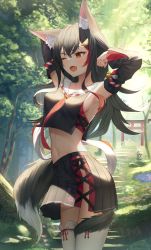 Rule 34 | 1girl, ;d, animal ear fluff, animal ears, armpits, arms up, bare shoulders, bell, black hair, black shirt, black skirt, breasts, brown eyes, crop top, crop top overhang, detached sleeves, fang, hair ornament, hairclip, highres, hololive, jingle bell, kouhaku nawa, long sleeves, looking away, medium breasts, midriff, miniskirt, multicolored hair, navel, necktie, no panties, one eye closed, ookami mio, ookami mio (1st costume), open mouth, pleated skirt, revealing clothes, rope, sailor collar, shimenawa, shirt, shuvi (shuvi1125), side slit, skirt, sleeveless, sleeveless shirt, smile, solo, stomach, streaked hair, tail, thighhighs, virtual youtuber, white thighhighs, wolf ears, wolf girl, wolf tail, zettai ryouiki
