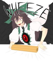 Rule 34 | 1girl, absurdres, black hair, bow, cape, frills, green bow, hair between eyes, hair bow, highres, lautaro, long hair, meme, open mouth, puffy sleeves, red eyes, reiuji utsuho, simple background, solo, teeth, touhou, upper body, white background