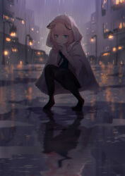 Rule 34 | 1girl, absurdres, animal ears, arknights, black pantyhose, blue eyes, blurry, blurry background, building, cloak, croci, finger to own chin, gloves, highres, hood, hood up, lamppost, looking at viewer, medium hair, night, no mouth, no shoes, pantyhose, rain, reflective floor, ripples, squatting, sussurro (arknights), white cloak, white gloves