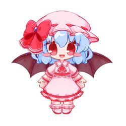 Rule 34 | 1girl, ascot, bat wings, blue hair, blush stickers, chibi, dress, fang, frilled dress, frilled sleeves, frilled wrist cuffs, frills, hair between eyes, hat, highres, inukkomaru, looking at viewer, mob cap, open mouth, pink dress, pink eyes, pink headwear, pink ribbon, red ascot, remilia scarlet, ribbon, short hair, simple background, skin fang, smile, solo, standing, touhou, white background, wings, wrist cuffs