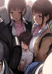 Rule 34 | 1boy, 2girls, age difference, assertive female, black coat, blush, brown coat, brown hair, chijo, chikan, child, coat, collared shirt, commentary, english commentary, finger in another&#039;s mouth, girl sandwich, groping, hews, highres, indoors, long sleeves, mole, mole under eye, multiple boys, multiple girls, onee-shota, open mouth, original, pink sweater, public indecency, red eyes, ribbed sweater, sandwiched, shirt, short hair, short hair with long locks, smile, standing, sweat, sweater, tongue, twintails, white shirt