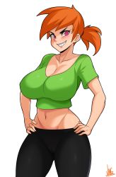 Rule 34 | 1girl, animification, breasts, commentary, earrings, evil grin, evil smile, grin, hands on own hips, highres, jewelry, jmg, large breasts, looking at viewer, md5 mismatch, midriff, navel, orange hair, ponytail, resolution mismatch, short hair, signature, simple background, smile, solo, source larger, the fairly oddparents, vicky (fairly oddparents), white background