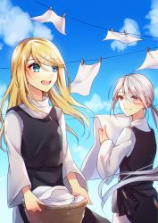 Rule 34 | 2girls, :d, aku no musume (vocaloid), aryuma772, basket, blonde hair, blue eyes, blue sky, clarith, closed mouth, cloud, day, evillious nendaiki, floating hair, hair between eyes, hair down, highres, holding, holding basket, kagamine rin, long hair, long sleeves, multiple girls, open mouth, outdoors, red eyes, riliane lucifen d&#039;autriche, shiro no musume (vocaloid), shirt, sky, smile, straight hair, sweatdrop, very long hair, vocaloid, white shirt, yowane haku
