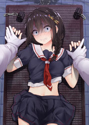 Rule 34 | 10s, 1boy, 1girl, absurdres, admiral (kancolle), ahoge, black gloves, black hair, black serafuku, black skirt, blue eyes, blush, braid, clenched teeth, commentary, fingerless gloves, gloves, hair flaps, hair ornament, hair over shoulder, hair ribbon, highres, holding another&#039;s wrist, imminent rape, jack dempa, kantai collection, long hair, looking at viewer, lying, midriff, military, military uniform, naval uniform, navel, neckerchief, on back, pinned, pleated skirt, pov, red neckerchief, remodel (kantai collection), restrained, revision, ribbon, scared, school uniform, serafuku, shaded face, shigure (kancolle), single braid, skirt, solo focus, sweat, tears, teeth, uniform, white gloves, wide-eyed