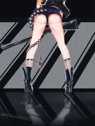 Rule 34 | 1girl, ass, black panties, blonde hair, boots, commentary request, girls&#039; frontline, gun, highres, jacket, lower body, m870 (girls&#039; frontline), mechanical tail, name connection, panties, pump action, remington 870, shotgun, skirt, solo, tail, thighs, underwear, weapon
