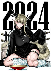 Rule 34 | 1girl, 2024, absurdres, adidas, black jacket, blonde hair, bowl, breasts, dragon horns, dragon tail, earrings, highres, horns, jacket, jewelry, katana, large breasts, light blush, light smile, long hair, long sleeves, looking at viewer, loose socks, muscular, muscular female, original, pointy ears, simple background, slit pupils, socks, solo, sword, tail, thick thighs, thighs, urn, very long hair, weapon, white background, white footwear, white socks, yellow eyes, yotaro, zipper