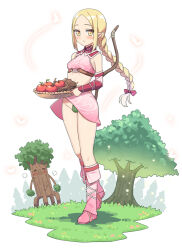 Rule 34 | 1girl, apple, bare shoulders, basket, blush, boots, bow, bow (weapon), braid, breasts, elf, food, forehead, fruit, grass, groin, hair bow, hatsunatsu, holding, holding basket, knee boots, leaf, long hair, looking at viewer, original, parted bangs, parted lips, pink footwear, pointy ears, red apple, red bow, simple background, single braid, small breasts, solo focus, stick, tree, very long hair, weapon, weapon on back, white background, yellow eyes