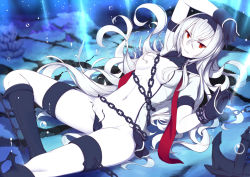 Rule 34 | 1girl, abyssal ship, air defense princess, anchor, arm up, armpits, bad id, bad pixiv id, black gloves, black panties, boots, bubble, chain, convenient censoring, fedsnk, gloves, groin, hairband, kantai collection, long hair, looking at viewer, lying, midriff, navel, on back, open clothes, open shirt, pale skin, panties, parted lips, red eyes, shirt, solo, torn clothes, torn panties, underwater, underwear, white hair