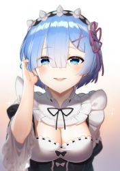Rule 34 | 1girl, absurdres, artist name, blue eyes, blue hair, breasts, commentary, english commentary, eyes visible through hair, frills, gradient background, hair between eyes, hair ornament, hand in own hair, highres, large breasts, looking at viewer, maid, maid headdress, open mouth, re:zero kara hajimeru isekai seikatsu, rem (re:zero), roswaal mansion maid uniform, sasoura, short hair, simple background, smile, solo, upper body, x hair ornament