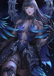 Rule 34 | 1girl, armor, artist name, bare shoulders, black flower, black hair, black rose, blue eyes, blue feathers, breasts, choker, claws, commentary, dark background, dress, english commentary, expressionless, feather dress, feathers, final fantasy, final fantasy xiv, flower, gaia (ff14), highres, lips, long hair, looking at viewer, medium breasts, navel, nibelart, patreon username, rose, signature, skirt, solo, watermark, web address