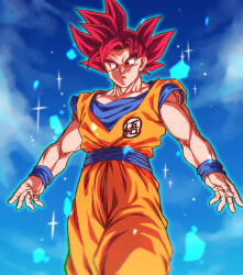 Rule 34 | 1boy, aura, blue wristband, closed mouth, collarbone, dougi, dragon ball, dragon ball super, looking at viewer, looking up, male focus, muscular, muscular male, red eyes, red hair, rom (20), saiyan, solo, son goku, spiked hair, super saiyan, super saiyan god