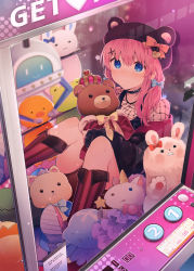 Rule 34 | 1girl, animal ears, animal hat, bad id, bad pixiv id, beret, black hat, black jacket, black tank top, blue bow, blurry, blurry background, blurry foreground, boots, bow, commentary request, crane game, crown, depth of field, fake animal ears, fishnets, hair bow, hat, heart, highres, ikeuchi tanuma, jacket, knee boots, knees up, long hair, long sleeves, low twintails, mini crown, off shoulder, open clothes, open jacket, orange bow, original, pink hair, plaid, polka dot, polka dot bow, puffy long sleeves, puffy sleeves, red bow, red footwear, shoe soles, sitting, sleeves past wrists, solo, star (symbol), striped clothes, striped footwear, stuffed animal, stuffed duck, stuffed rabbit, stuffed toy, stuffed unicorn, tank top, teddy bear, twintails, vertical-striped boots, vertical-striped footwear, yellow bow