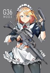 Rule 34 | 1girl, apron, assault rifle, black pantyhose, black skirt, blonde hair, blue eyes, blue gloves, blue shirt, braid, braided bangs, commentary request, fingerless gloves, frilled apron, frilled skirt, frills, g36 (girls&#039; frontline), g36 (mod3) (girls&#039; frontline), girls&#039; frontline, gloves, grey background, gun, h&amp;k g36, h&amp;k p30, handgun, highres, holding, holding gun, holding weapon, long hair, looking at viewer, maid headdress, name connection, object namesake, pantyhose, puffy short sleeves, puffy sleeves, rifle, shirt, short sleeves, simple background, skirt, solo, toiro (mononz3), v-shaped eyebrows, waist apron, weapon, weapon request, white apron