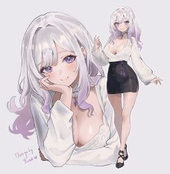 Rule 34 | 1girl, black skirt, blush, breasts, cleavage, closed mouth, collarbone, colored tips, commentary, detached collar, gem, grey hair, hair behind ear, hand up, head on hand, head tilt, high heels, highres, large breasts, leaning forward, legs, long hair, long sleeves, looking at viewer, multicolored hair, multiple views, original, purple eyes, purple gemstone, purple hair, shirt, side slit, sidelocks, signature, simple background, skirt, smile, solo, standing, swept bangs, tassel, two-tone hair, white background, white shirt, y uunaa