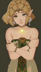 Rule 34 | 1girl, armlet, bare shoulders, bracelet, braid, breasts, closed mouth, collarbone, commentary, crossed arms, crown braid, crying, dress, earrings, english commentary, gold trim, green background, green eyes, highres, jewelry, looking at viewer, medium breasts, nintendo, parted bangs, pointy ears, princess zelda, short hair, sidelocks, softp3ach, solo, strapless, strapless dress, tears, the legend of zelda, the legend of zelda: tears of the kingdom, tiara, upper body, white dress