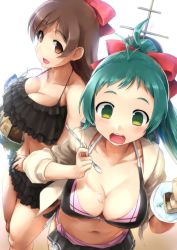 Rule 34 | 10s, 2girls, backlighting, bikini, black bikini, blush, bow, breasts, brown hair, cleavage, collarbone, ebizome, food, frilled bikini, frills, gradient background, green eyes, green hair, hair bow, irako (kancolle), jacket, kantai collection, large breasts, long hair, machinery, mamiya (kancolle), multiple girls, navel, open mouth, plate, ponytail, simple background, spill, spoon, swimsuit