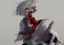 Rule 34 | 1girl, blood, blood on clothes, blood on face, bone, broken bone, facing viewer, grey background, grey hair, grey shirt, guro, highres, long sleeves, neckerchief, open mouth, original, pointing, pointing at viewer, red eyes, sailor collar, school uniform, shirt, shisoda zombie, short hair, simple background, skirt, solo, teeth, upper body