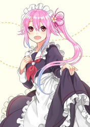 Rule 34 | 1girl, alternate costume, apron, black dress, blush, dress, enmaided, frilled dress, frills, gradient hair, hair between eyes, hair flaps, hair ornament, hair ribbon, hand on own chest, harusame (kancolle), kantai collection, long hair, long sleeves, maid, maid headdress, mitsuyo (mituyo324), multicolored hair, neckerchief, open mouth, pink hair, ponytail, red neckerchief, ribbon, side ponytail, sidelocks, simple background, solo, white apron, yellow background