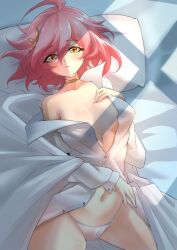 Rule 34 | bed, bed sheet, breasts, cleavage, deekei, highres, large breasts, lying, on back, open clothes, panties, pillow, shirt, tohno amane (deekei), underwear, white panties, white shirt