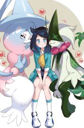 Rule 34 | 1girl, bag, black hair, blue eyes, blue hair, blue jacket, blush, cheek-to-cheek, closed mouth, colored inner hair, creatures (company), flying sweatdrops, game freak, gen 8 pokemon, hair ornament, hairclip, hands on lap, hatterene, heads together, heart, highres, jacket, liko (pokemon), looking at viewer, medium hair, meowscarada, multicolored hair, nintendo, open clothes, open jacket, parted bangs, pokemon, pokemon (anime), pokemon (creature), pokemon horizons, shorts, shoulder bag, shuri (84k), sitting, socks, twitter username, two-tone hair, white background, white footwear, white socks