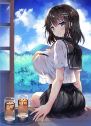 Rule 34 | 1girl, ass, back, black hair, blush, breasts, closed mouth, cup, drink, drinking glass, hair ornament, hairclip, highres, large breasts, looking at viewer, looking back, neckerchief, original, pleated skirt, sailor collar, sanshoku amido, school uniform, serafuku, shirt, short hair, short sleeves, sitting, skirt, smile, solo, sweat, wet, wet clothes, white shirt