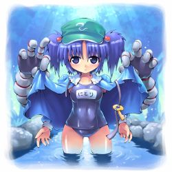 Rule 34 | 1girl, blue eyes, blue hair, blush, character name, female focus, hair bobbles, hair ornament, hat, kawashiro nitori, kurogarasu, matching hair/eyes, md5 mismatch, mechanical arms, no pants, one-piece swimsuit, open clothes, school swimsuit, single mechanical arm, solo, swimsuit, swimsuit under clothes, touhou, twintails, two side up, water