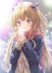 Rule 34 | 1girl, ahoge, blonde hair, blue jacket, blue ribbon, blush, breath, breathing on hands, brown cardigan, cardigan, commentary request, hair ribbon, hands up, jacket, liuliu, long hair, long sleeves, looking at viewer, open clothes, open jacket, original, parted lips, red eyes, red scarf, ribbon, scarf, school uniform, sleeves past wrists, solo, steepled fingers, two side up, upper body, very long hair