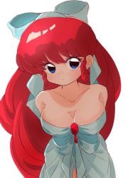 Rule 34 | 1girl, absurdly long hair, blue eyes, breasts, cleavage, dress, earrings, eyelashes, high ponytail, jewelry, large breasts, long hair, looking at viewer, no bra, official alternate costume, ponytail, ranma-chan, ranma 1/2, red hair, sanamaru (sana79261827), simple background, solo, very long hair, wide hips