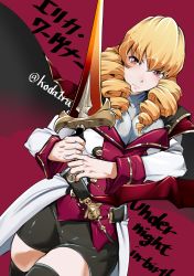 Rule 34 | 1girl, arc system works, artist name, belt, bike shorts, blonde hair, blush, breasts, cleavage, drill hair, erika wagner, groin tendon, highres, jacket, koda1ra, red eyes, shiny clothes, shorts, sword, thick thighs, thighhighs, thighs, turtleneck, under night in-birth, undershirt, weapon