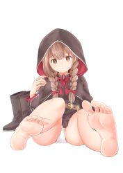 Rule 34 | 1girl, absurdres, bad id, bad pixiv id, bare shoulders, belt, black capelet, black dress, blush, boots, unworn boots, braid, breasts, brown belt, brown eyes, brown hair, capelet, closed mouth, dress, feet, fsey5372, hair ribbon, highres, hood, hooded capelet, kantai collection, large breasts, long hair, long sleeves, no shoes, panties, pleated dress, red ribbon, ribbon, shinshuu maru (kancolle), simple background, soles, solo, toes, twin braids, underwear, white panties