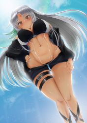 Rule 34 | 1girl, absurdres, azur lane, bikini, bikini under clothes, blush, breasts, dark-skinned female, dark skin, dutch angle, eesuke (shin1athke), expressionless, facial mark, forehead mark, from below, grey hair, hand on own hip, highres, jacket, large breasts, long hair, massachusetts (azur lane), navel, open clothes, open jacket, red eyes, sky, solo, stomach, sweat, swimsuit, tan, tattoo, thigh strap, track jacket, unzipped, very long hair