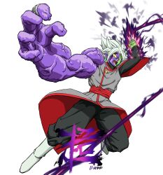 Rule 34 | 1boy, absurdres, angry, arms up, artist name, baggy pants, bakarott, black pants, black shirt, boots, buttons, colored sclera, colored skin, commentary, dougi, dragon ball, dragon ball super, earrings, energy, english commentary, full body, fused zamasu, green skin, grey eyes, heterochromia, highres, jewelry, long sleeves, male focus, mismatched sclera, multicolored skin, open mouth, oversized limbs, pants, parted bangs, pointy ears, potara earrings, purple skin, red eyes, red sash, sash, shirt, simple background, solo, spiked hair, teeth, tongue, v-shaped eyebrows, veins, white background, white footwear, white hair, yellow sclera