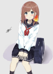 Rule 34 | 1girl, 7 calpis 7, animal, animal on shoulder, bag, bird, black sailor collar, black skirt, black socks, blush, brown hair, closed mouth, commentary request, feet out of frame, grey background, grey eyes, highres, long hair, long sleeves, looking at viewer, neckerchief, original, parakeet, pleated skirt, red neckerchief, sailor collar, school bag, school uniform, serafuku, shadow, shirt, sitting, skirt, sleeves past wrists, smile, socks, solo, white shirt