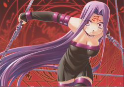 Rule 34 | 1girl, bakutendou, bare shoulders, breasts, chain, cleavage, collar, dress, facial mark, fate/stay night, fate (series), forehead mark, glyph, large breasts, long hair, medusa (fate), medusa (rider) (fate), nameless dagger (fate), pink eyes, purple eyes, purple hair, solo, square pupils, strapless, strapless dress, thighhighs, very long hair, weapon