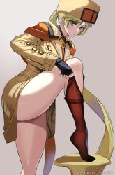 Rule 34 | 1girl, artist name, ashiomi masato, blonde hair, blue eyes, blush, brown pantyhose, brown thighhighs, closed mouth, commentary request, fingerless gloves, fur hat, gloves, guilty gear, guilty gear strive, hat, highres, leg up, long hair, long sleeves, looking at viewer, millia rage, pantyhose, pulling own clothes, shiny skin, simple background, solo, thighhighs, thighs, twitter username, ushanka