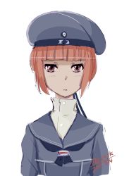 Rule 34 | 10s, 1girl, 2015, 4suke, :o, blank stare, brown eyes, clothes writing, dated, hat, kantai collection, long sleeves, looking at viewer, neckerchief, red hair, sailor collar, sailor hat, short hair, simple background, solo, twitter username, upper body, white background, z3 max schultz (kancolle)