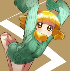 Rule 34 | 10s, 1girl, barefoot, blonde hair, brown background, feet, hairband, hrgm, kise yayoi, looking at viewer, precure, ribbed sweater, short hair, sleeves past wrists, smile precure!, solo, sweater, yellow eyes