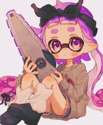 Rule 34 | 1girl, black hairband, closed mouth, commentary request, full body, gradient hair, hairband, highres, holding, holding sword, holding weapon, inkling, inkling girl, inkling player character, long hair, multicolored hair, nintendo, ochocho2828, pointy ears, purple eyes, purple hair, simple background, solo, splatana stamper (splatoon), splatoon (series), splatoon 3, sword, tentacle hair, weapon, white background