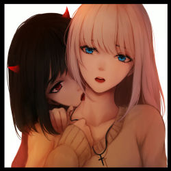 Rule 34 | 2girls, beige sweater, black border, black hair, blonde hair, blue eyes, border, cross, cross necklace, demon horns, fangs, hand on own chest, hand on shoulder, horns, imminent bite, jewelry, latin cross, licking, licking another&#039;s neck, lips, long hair, multiple girls, necklace, open mouth, original, red eyes, red lips, red shirt, shimmer, shirt, simple background, sweater, tearing up, teeth, tongue, vampire, white background, yuri