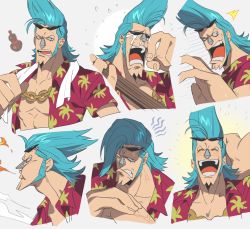 Rule 34 | ^ ^, blue hair, breath weapon, breathing fire, chain, closed eyes, cola, cracking knuckles, crying, cyborg, expressions, eyewear on head, fire, franky (one piece), hawaiian shirt, highres, male focus, mechanical parts, multiple views, one piece, open clothes, open mouth, open shirt, qin (7833198), shirt, simple background, smile, sunglasses, surprised, white background