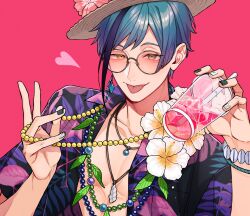 Rule 34 | 1boy, abs, bead necklace, beads, cup, drink, flower, flower necklace, floyd leech, fune (user kujn8834), glasses, green hair, hat, hawaiian shirt, heart, highres, holding, holding cup, jewelry, lei, male focus, multicolored hair, nail polish, necklace, open clothes, open shirt, pink-tinted eyewear, pink background, shirt, solo, straw hat, streaked hair, tinted eyewear, tongue, twisted wonderland