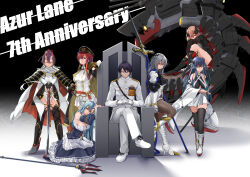 1boy 6+girls absurdres armor azur_lane bare_shoulders black_coat black_footwear black_gloves black_skirt black_thighhighs blue_eyes blue_hair blue_sleeves boots braid breasts brown_pantyhose clam cleavage clothing_cutout coat coat_on_shoulders commander_(azur_lane) corset cross-laced_footwear crossed_legs crown_braid detached_sleeves dress english_text epaulettes fake_antlers fingerless_gloves frilled_dress frills full_body gauntlets gloves glowing glowing_eyes gold_trim grey_hair hair_between_eyes half_gloves hands_on_hilt hat headgear heterochromia high_heel_boots high_heels highres horns ibuki_(azur_lane) izumo_(azur_lane) jacket japanese_armor katana large_breasts leotard light_brown_hair long_hair long_sleeves looking_at_viewer maid_headdress mechanical_hands medal medium_breasts medium_hair military_uniform miniskirt monarch_(azur_lane) multicolored_hair multiple_girls multiple_horns naval_uniform neptune_(azur_lane) non-humanoid_robot oni oriue_wato pants pantyhose peaked_cap polearm purple_hair red_eyes red_hair robot robot_animal roon_(azur_lane) rudder_footwear saint-louis_(azur_lane) sheath sheathed shell_hair_ornament shoes sitting skin-covered_horns skirt standing streaked_hair sword thighhighs trident underboob_cutout unsheathing very_long_hair weapon white_corset white_dress white_footwear white_gloves white_jacket white_leotard white_pants white_skirt yellow_eyes zettai_ryouiki