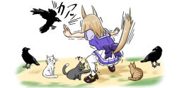 Rule 34 | 1girl, animal ears, bird, blonde hair, bow, brown footwear, cat, clothing cutout, commentary request, crow, from behind, full body, glaring, highres, horse ears, horse girl, horse tail, jurassic world, loafers, medium hair, meme, motion lines, narita top road (umamusume), outdoors, outstretched arms, pleated skirt, prattkeeping (meme), puffy short sleeves, puffy sleeves, purple bow, purple shirt, sailor collar, sailor shirt, scared, school uniform, shikokuken (mrykk24), shirt, shoes, short sleeves, skirt, squatting, stiff tail, summer uniform, tabby cat, tail, tail raised, tail through clothes, thighhighs, tracen school uniform, translated, trembling, umamusume, waist bow, white cat, white sailor collar, white thighhighs