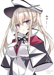 Rule 34 | 1girl, blonde hair, blush, capelet, closed mouth, fathom, graf zeppelin (kancolle), hair between eyes, hat, highres, kantai collection, long hair, long sleeves, military, military uniform, one-hour drawing challenge, peaked cap, purple eyes, sidelocks, simple background, smile, solo, twintails, twitter username, uniform, upper body, white background