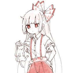 Rule 34 | . ., 1girl, :3, :|, animal, blunt bangs, bow, cat, closed mouth, collared shirt, dot nose, dress shirt, expressionless, from side, fujiwara no mokou, hair bow, half updo, hand in pocket, hand up, hatching (texture), high-waist pants, holding, holding animal, holding cat, itomugi-kun, jitome, linear hatching, long hair, looking at viewer, negative space, no pupils, pants, red eyes, red pants, shirt, shirt tucked in, short sleeves, simple background, solo, straight hair, suspenders, torn clothes, torn sleeves, touhou, upper body, very long hair, white background, white bow, white cat, white hair, white shirt, wing collar, wrist cuffs